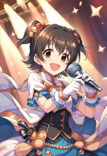 score_9, score_8_up, score_7_up, score_6_up, score_5_up, score_4_up,akagi miria, short hair, black hair, brown eyes, two side up, 1girl, solo, microphone,  hair ornament, smile, gloves, open mouth, hair ornament, white gloves