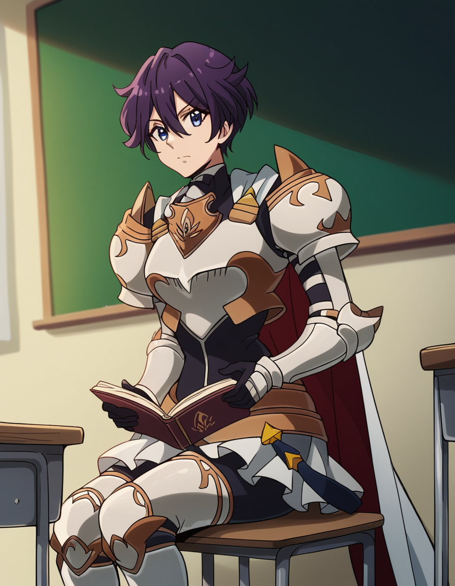 score_9, score_8_up, score_7_up, source_anime, <lora:beefeater-e-caty-s2-ponyxl-lora-nochekaiser:1>, beefeater e caty, short hair, purple hair, blue eyes, hair between eyes, medium breasts, skirt, gloves, cape, armor, shoulder armor, gauntlets,, classroom, chalkboard, day time, studying, sitting, chair, desk,, , looking at viewer, v, v over eyes,, solo,, cowboy shot, dutch angle