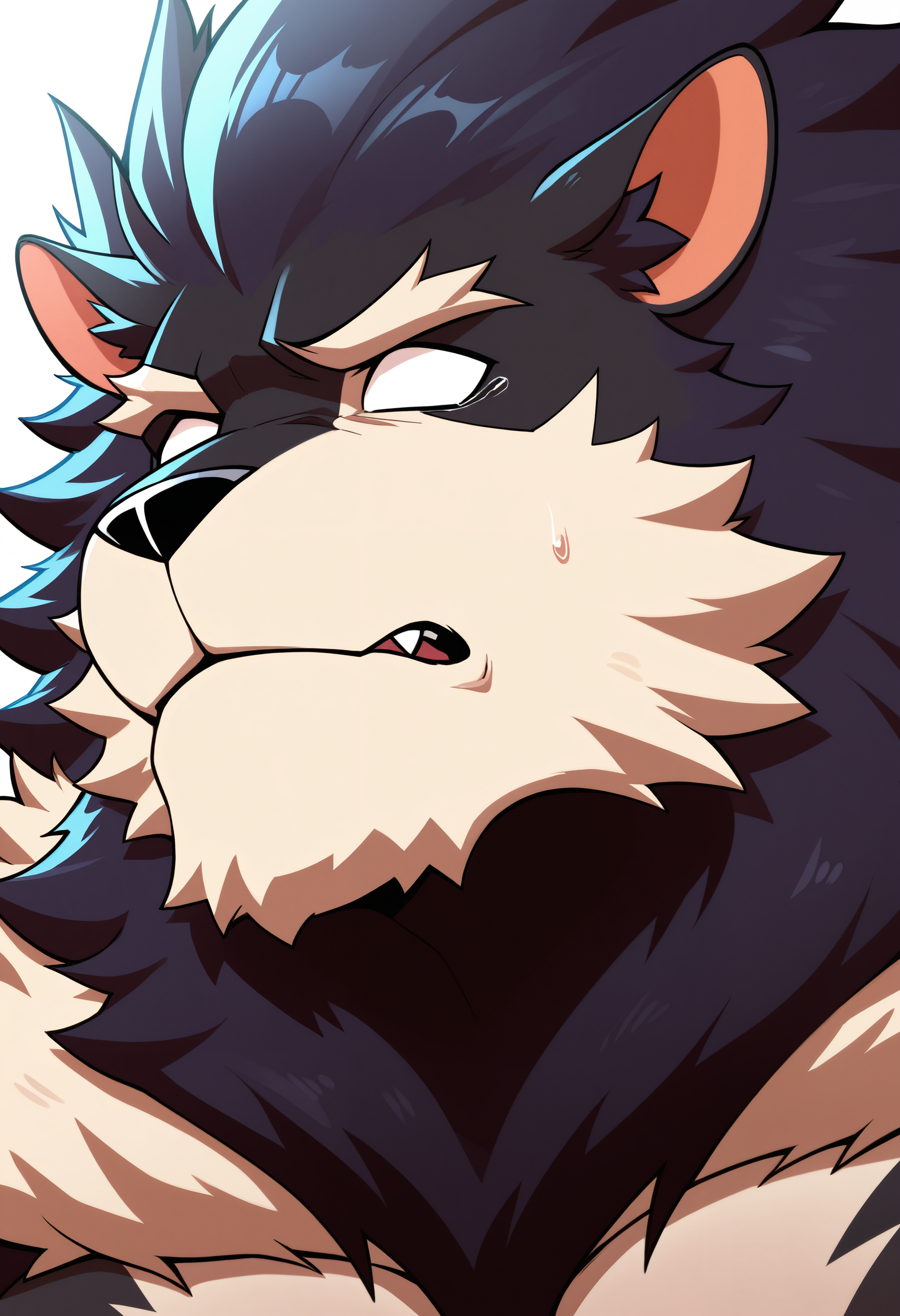 masterpiece,best quality,amazing quality, 1bo, solo, bl4ck, lion boy, no pupils, black fur, white chest, bara, close up, side angle, nervous,

outside,
