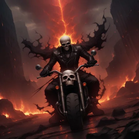 Dark Fantasy Art, Dark Moody Atmosphere, dramatic, mysterious, dark moody atmosphere, dark, moody, dark fantasy style, realistic anime,
BREAK,
Ghost Rider rockets up the skyscraper, his flaming motorcycle scorching a fiery path over glass and steel,
BREAK,
His skull, engulfed in hellfire, casts a sinister, flickering glow, with empty eye sockets seething with vengeful fire,
BREAK,
Flames curl around his skeletal form, his leather jacket and pants seared and frayed, smoldering as he rides,
BREAK,
sitting on his bike, (((cracked roadway))), cracked road, skull, from side, low angle shot, close up shot, detailed afce, detailed skull, front view, wide angle, burning wheels and bike, chopper motorcycle, chopper, burning engine, leaking lava from cracked road, red sunset,