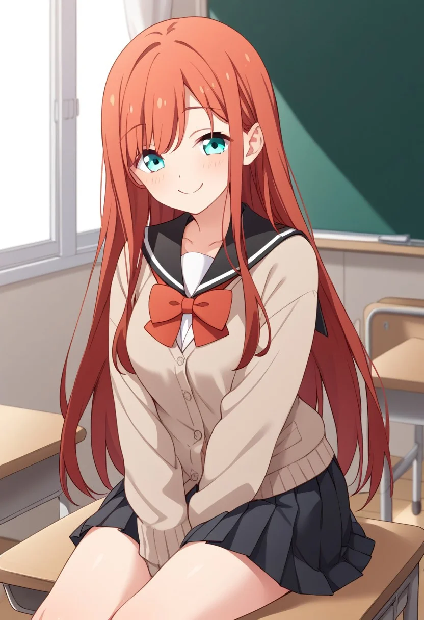 score_9,score_8_up,score_7_up, source_anime, solo, Minagawa yuki, red hair, long hair, aqua eyes, Serafuku, cardigan, long sleeves, red bow, skirt, pleated skirt, smile, closed mouth, perfect breast, sitting, classroom, perfect anatomy