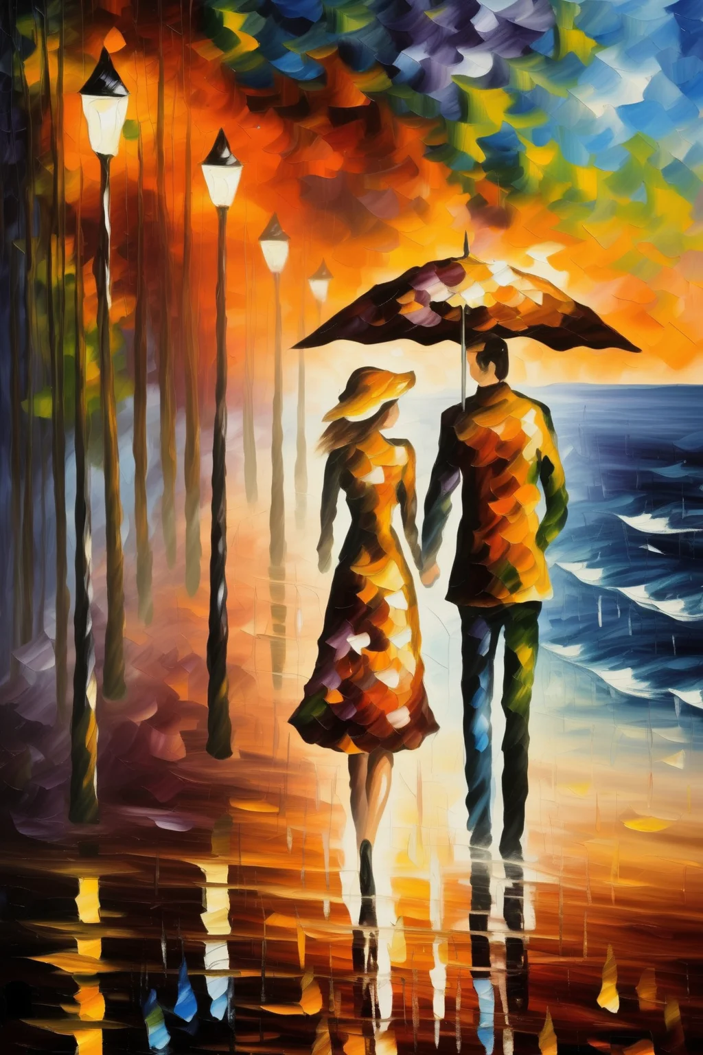 <lora:Leonid Afremov Style:1>Leonid Afremov Style - A serene beach scene with a couple walking along the shoreline under an umbrella, painted in the distinctive Leonid Afremov Style.