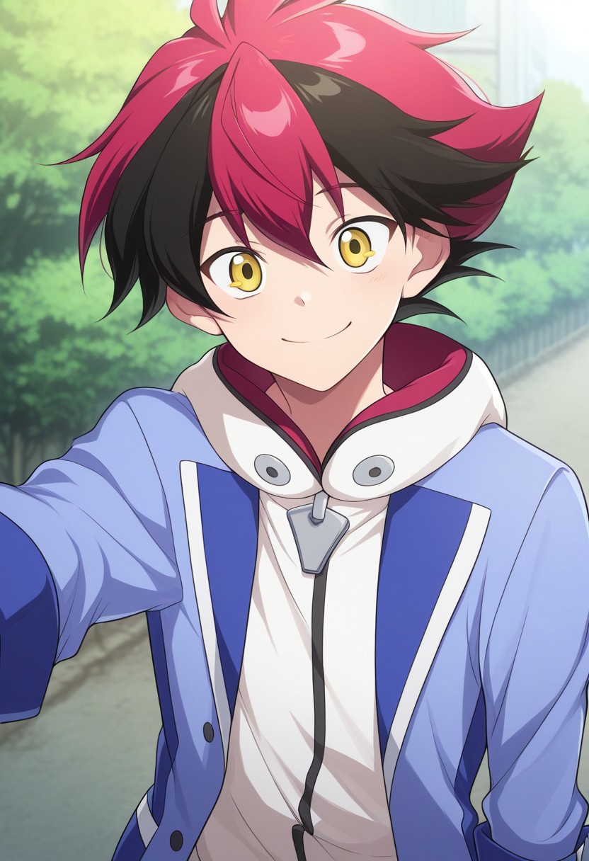 masterpiece,best quality,amazing quality, source_anime,
hiroryuga, 1boy, male focus, solo, yellow eyes, multicolored hair, red hair, black hair, hoodie, white hoodie, hood, jacket, blue jacket, open jacket, smile, happy, outdoor