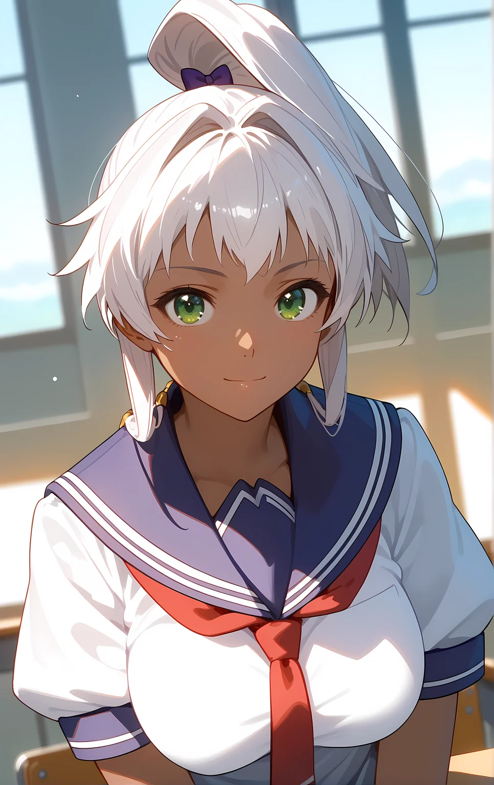 (score_9, score_8_up, score_7_up), standing, leaning forward, looking at viewer, light smile, closed mouth, shiny skin, tight clothes,
ohwx, 1girl, solo, green_eyes, breasts, large_breasts, dark_skin, dark-skinned_female, ponytail, white_hair, long_hair, high_ponytail, bow,
school_uniform, serafuku, short_sleeves, necktie, sailor_collar,
window, sunlight, classroom,
blurry, cowboy shot, dutch angle, upper body, close-up,
<lora:chacha_akaza_pony_ss-000004:1>