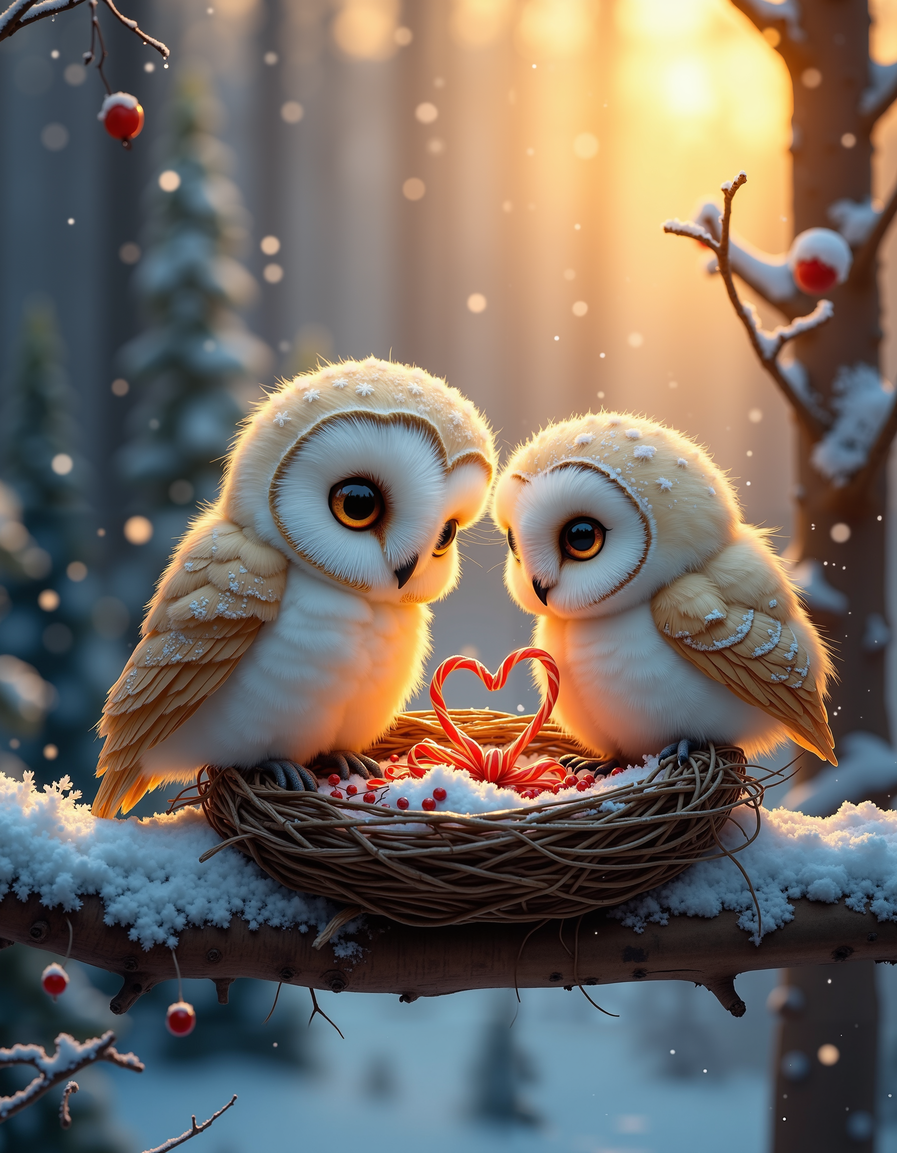 A pair of fluffy owls perched on a sturdy, snow-covered tree branch, deep in a quiet winter forest. Their soft feathers are dusted with tiny snowflakes, glowing gently in the golden light of the setting sun. They work together carefully, weaving delicate heart-shaped twigs into their cozy nest, which is nestled securely between the branches. The nest is lined with soft feathers and tiny bits of red ribbon, as if gathered from a nearby village. Snowflakes drift slowly through the crisp evening air, catching the light like tiny stars. In the background, tall evergreen trees stand silent and majestic, their branches heavy with fresh snow. A few small red berries peek through the frost, adding a pop of color to the serene, heartwarming scene. The owls' large, expressive eyes reflect the warm glow of the sunset, filled with love and devotion as they craft their perfect home together.