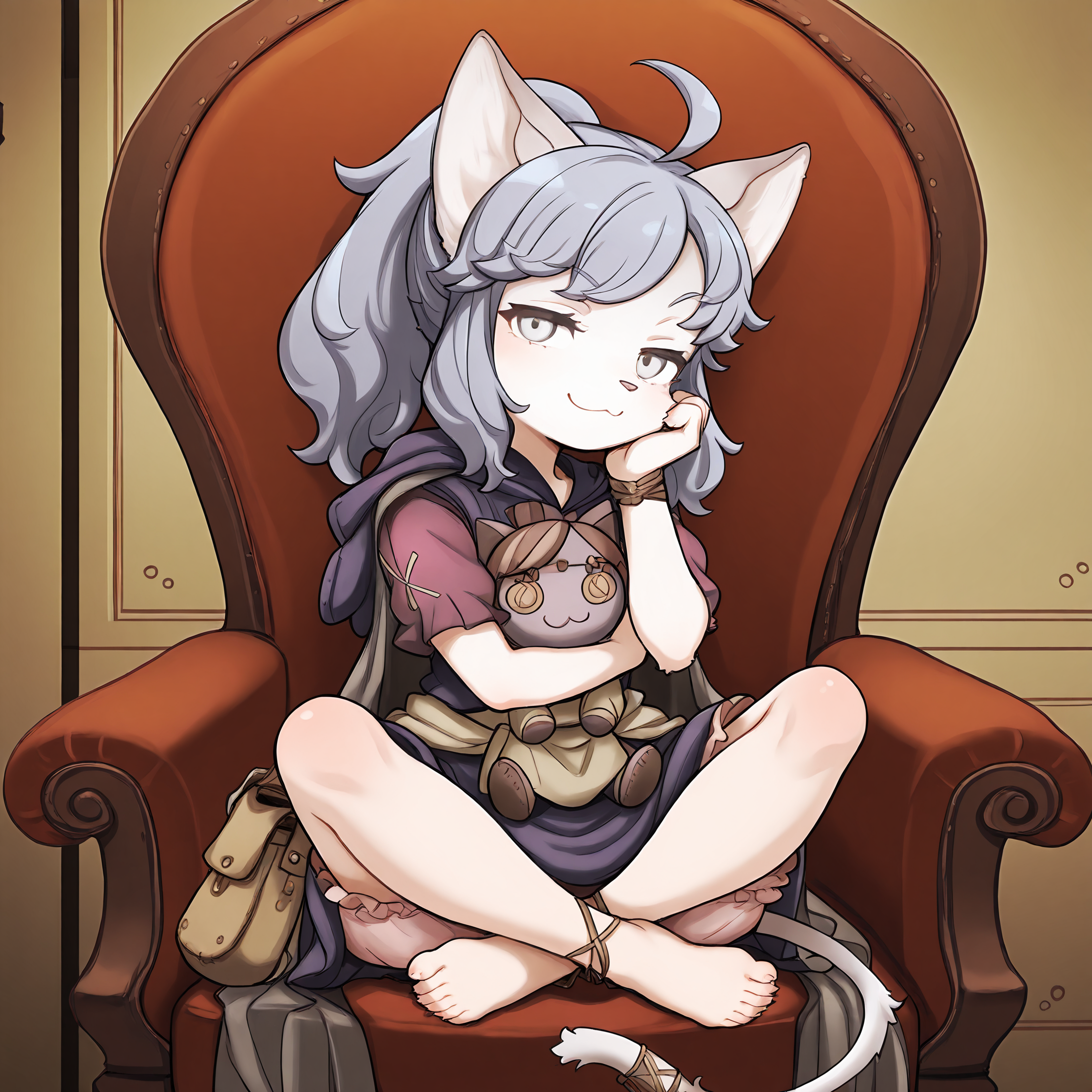 BREAK, <lora:Sheena_Falafel:1>, Sheena Falafel, Fuga: Melodies of Steel, kemono, furry female, young female, 1girl, cat girl, white fur, grey eyes, pastel blue hair, long hair, ahoge, bangs, sidelocks, animal ears, cat ears, animal nose, pink nose, Fuga 2 appearance, ponytail,
BREAK, Fuga 2 Outift, barefoot, braided anklet, claws, braided wristband, waist sash, pink bloomers, puffy skirt, tan satchel, paw print on stachel, purple blouse, short sleeves, crossstitch symbol on sleeve, dark grey cloak, hooded cloak, sleeveless cloak,
BREAK, Bleuette, Bleuette doll, character doll, stuffed cat, holding doll, holding object,
BREAK, solo, inside, looking at viewer, sitting in chair, legs crossed, smug, smile, :3, head tilt, head on hand