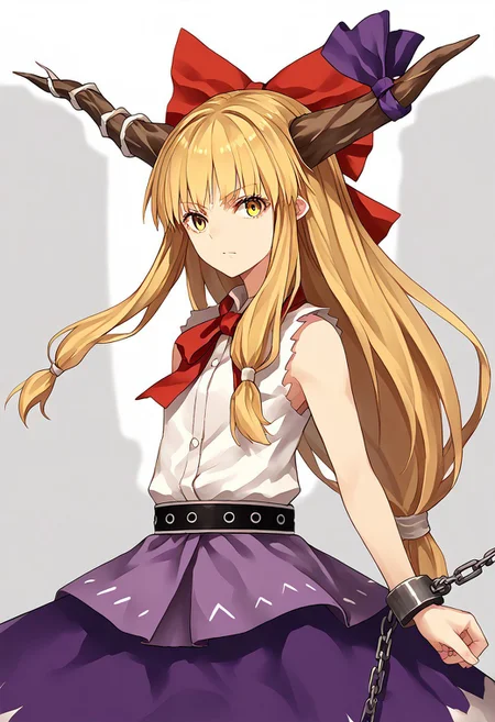 score_9, score_8_up, score_7_up, score_6_up, score_5_up, score_4_up, source_anime, 1girl, solo,
ibuki suika, horns, blonde hair, low-tied long hair, hair bow, yellow eyes, sleeveless white shirt, belt, purple skirt, shackles,
masterpiece, best quality, very aesthetic, absurdres,