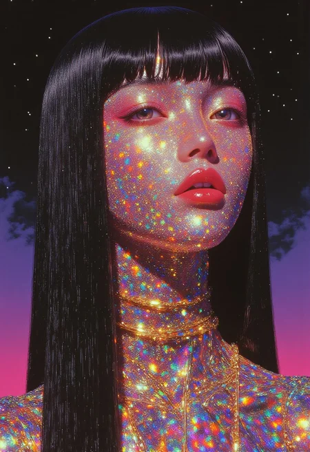 (HD, 8k, masterpiece artwork) A highly detailed manhwa portrait of a pale-skinned woman with long, straight obsidian-black hair and sharp bangs framing her intense, refined features. The mid-angled view captures her wearing a futuristic mask entirely made of sparkling diamond stimulant and rhinestones, cut in fragmented asymmetrical shapes, catching light with dazzling brilliance. The mask covers her lower face with sharp, geometric contours and scattered microfacets that refract neon hues. Her eyes glow vivid white with black pupils, surrounded by shimmering pink-purple eyeshadow and razor-sharp eyeliner. Her skin is hyper-glossy, porcelain-like, reflecting surrounding colors like liquid glass. She wears a high-collared bodysuit crafted from glittery, sequin-laden fabric, heavily embellished with rhinestones, reflecting an 80s retro vibe. The suit glows in scattered neon gradients — electric blue, magenta, and cyan — with bold circuit-like patterns running across her form. Gold chains and metallic accents drape over her shoulders and neck, sparkling under the radiant light. The sky background shifts from deep electric purple near the horizon to a cosmic gradient of magenta and saturated teal, filled with retro-futuristic grid lines and faint glittering stars, enhancing the surreal, gothic cyberpunk elegance of the scene.