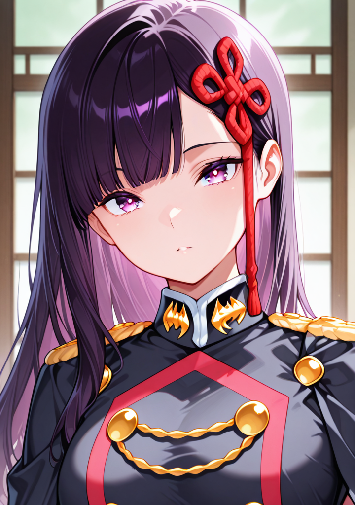 masterpiece,best quality,amazing quality,
1girl,looking at viewer,upper body,military uniform
<lora:matochara:1>,yamashiro ren,purple hair,purple eyes,long hair,hair ornament,