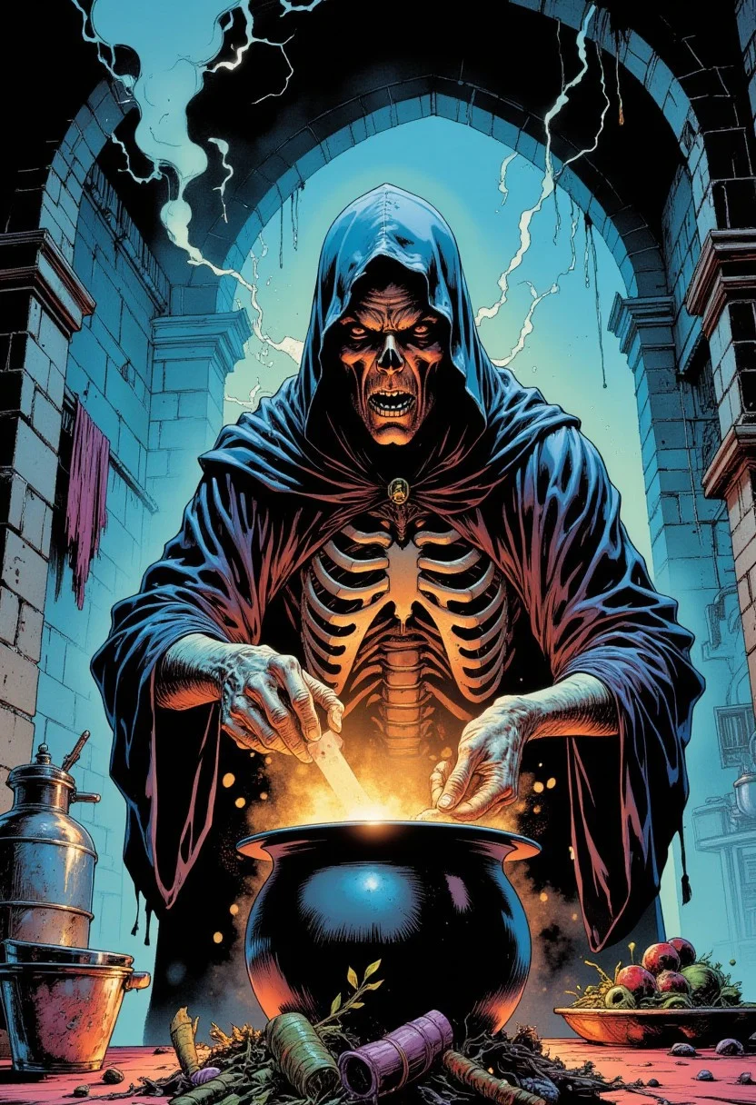 Comic book style image of,
lich chef, skeletal and cloaked, stirring a bubbling cauldron, shadowy medieval kitchen
, RPG