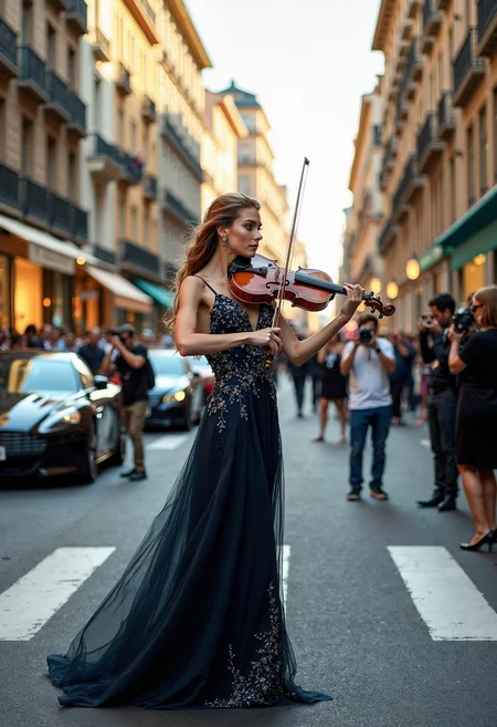 a highly detailed and professional photo featuring a a young woman in an elegant, flowing evening gown, standing in the middle of Via Montenapoleone in Milan during Fashion Week. Her dress is a stunning, floor-length piece in a rich, deep shade, perhaps midnight blue or burgundy, with intricate lace and beadwork catching the light. The gown moves gracefully around her as she plays an antique Stradivari violin, her fingers gliding over the strings with precision and elegance. Her expression is intense and focused, fully absorbed in her music, radiating a sense of dedication and passion.
Around her, the busy street is filled with the buzz of Fashion Weekâcrowds of well-dressed tourists, photographers, and fashion enthusiasts with cameras, eagerly capturing the cityâs luxury and style. High-end boutiques line the street on both sides, their polished glass windows displaying designer handbags, dresses, and jewelry. Luxury cars, including sleek black sedans and brightly colored sports cars, are parked along the sides of the road, adding to the opulence of the scene.
The lighting is golden and warm, with the late afternoon sun casting a soft glow over the street, illuminating the woman and her violin in a spotlight-like effect that enhances her elegance. The violin itself shows signs of age and history, its wood a warm, time-worn color that contrasts with the modern, bustling backdrop of Milanâs fashion district. The strings of the instrument vibrate visibly, hinting at the beautiful, soulful music filling the air.
This juxtaposition of old and new, elegance and energy, adds a timeless, almost magical quality to the imageâan iconic moment where art and culture blend effortlessly with the stylish, contemporary world of Fashion Week in Milan.