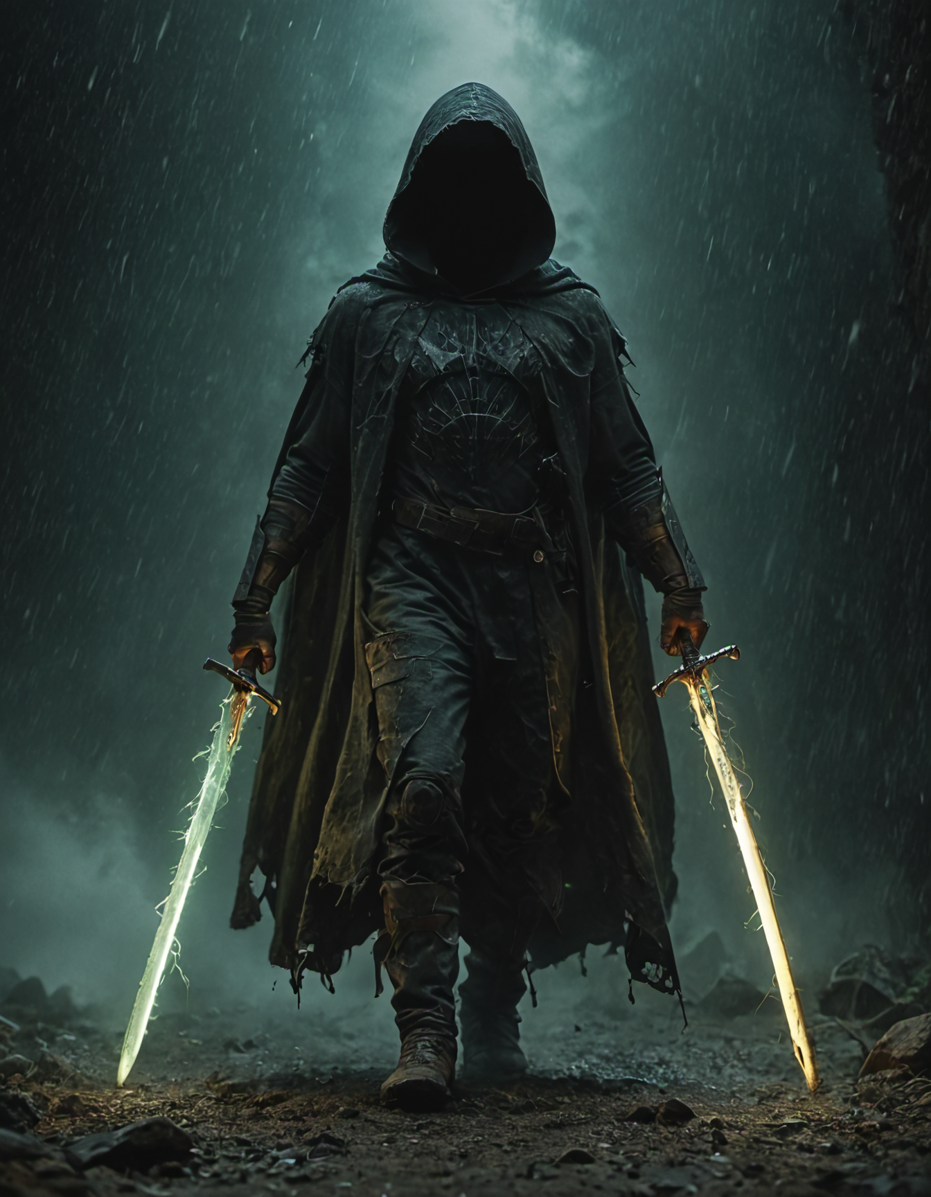 score_9, score_8_up, score_7_up, concept art hidden face, mysterious, hooded, full body, dark enigmatic warrior, standing, storm of falling shards, glowing ethereal giant heavy thick sword in hand, warrioras intricate armor, tattered cloak that billows in the wind, atmosphere is charged with an otherworldly energy, fantasy realism, dramatic lighting, detailed textures to bring the scene to life,  . digital artwork, illustrative, painterly, matte painting, highly detailed <lora:- SDXL - vanta-black_contrast_V3.0:1>