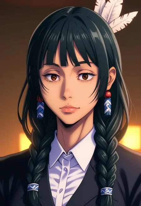 score_9, score_8_up, score_7_up, source_anime, intricate details, anime screencap, perfect balance, official art, extremely detailed CG unity 8k wallpaper, perfect lighting, Colorful, Warm_Front_face_Lighting, (masterpiece:1.0),(best_quality:1.0), ultra high res,4K,ultra-detailed, photography, 8K, HDR, highres, absurdres:1.2, Kodak portra 400, blurry background, bokeh, lens flare, (Anime) (vibrant_color:1.2), professional photograph, night, (cute_face:1.2), 2d, anime, upper body, intricate iris, American, Professional character design, 1girl, female focus, (Brown eyes), perfect eyes, (black-hair), Native American, Indigenous, American Indian, youthful, solo, jujutsu_kaisen_style, character portrait, (perfect-lighting), face, young, (Dark-black-hair), Long hair, (Native American), Indigenous, American Indian, (wild hair), (((wild eyes))), (Native North American), (Upturned eyes), (high cheekbones), (strong jawline), (Black Hair), ((((Native-American-Eagle-feather-braids, Native American Eagle feather accessories)))), (Black Cowboy Jacket), (((wild eyes))) ((Bobbed Bangs)) (((Slanted-Eyes))) (Psycho) (Happy) (Friendly) (Goofy) (Dark Black Jacket) (White Dress Shirt), (Blue Warpaint), (Redwood Forest, Pacific Northwest Forests), (Inuit), (Tan skin), (Dark Skin), (Brown skin), (bobbed hair), White Eagle-Feather-Earrings, Thick Bangs, Bobbed hair, Bob-cut, White-Feather-Earrings, Brown-skin, Inuit Face-paint