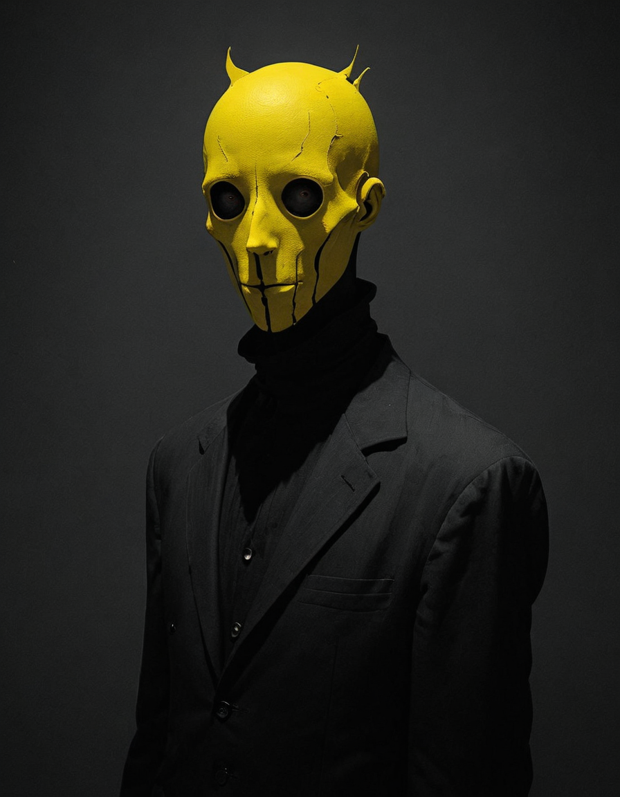 Faceless character portrait, dark character, dark fantasy, surreal and disturbing, Yves Tanguy, Roger ballen, hard shadows, simple silhouette, black background, black, grey and yellow tones, hyper detailed, striking image,<lora:add-detail-xl:1> <lora:Sinozick:1>