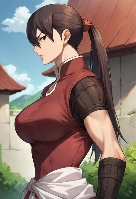 score_9, score_8_up, score_7_up, masterpiece, source_anime, 1girl, solo, ct_balsa, large breasts, ponytail, sleeveless shirt, sash, looking at viewer, outdoors, sunny, cowboy shot, portrait, from side, profile, v-shaped eyebrows, <lora:BalsaYonsa_Pony_ct:1>