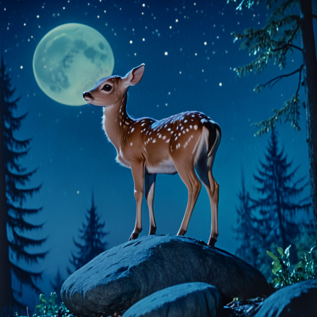 <lora:30sTechnicolorMovieV2SDXL:1> ArsMovieStill, movie still from a 1930s technicolor movie, The image shows a fawn standing on top of a rock in the woods surrounded by trees and illuminated by a full moon in the night sky., no humans, night, moon, star (sky), sky, outdoors, tree, starry sky, night sky, nature