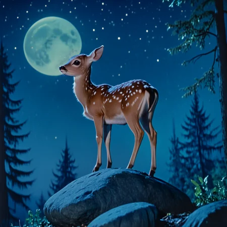<lora:30sTechnicolorMovieV2SDXL:1> ArsMovieStill, movie still from a 1930s technicolor movie, The image shows a fawn standing on top of a rock in the woods surrounded by trees and illuminated by a full moon in the night sky., no humans, night, moon, star (sky), sky, outdoors, tree, starry sky, night sky, nature
