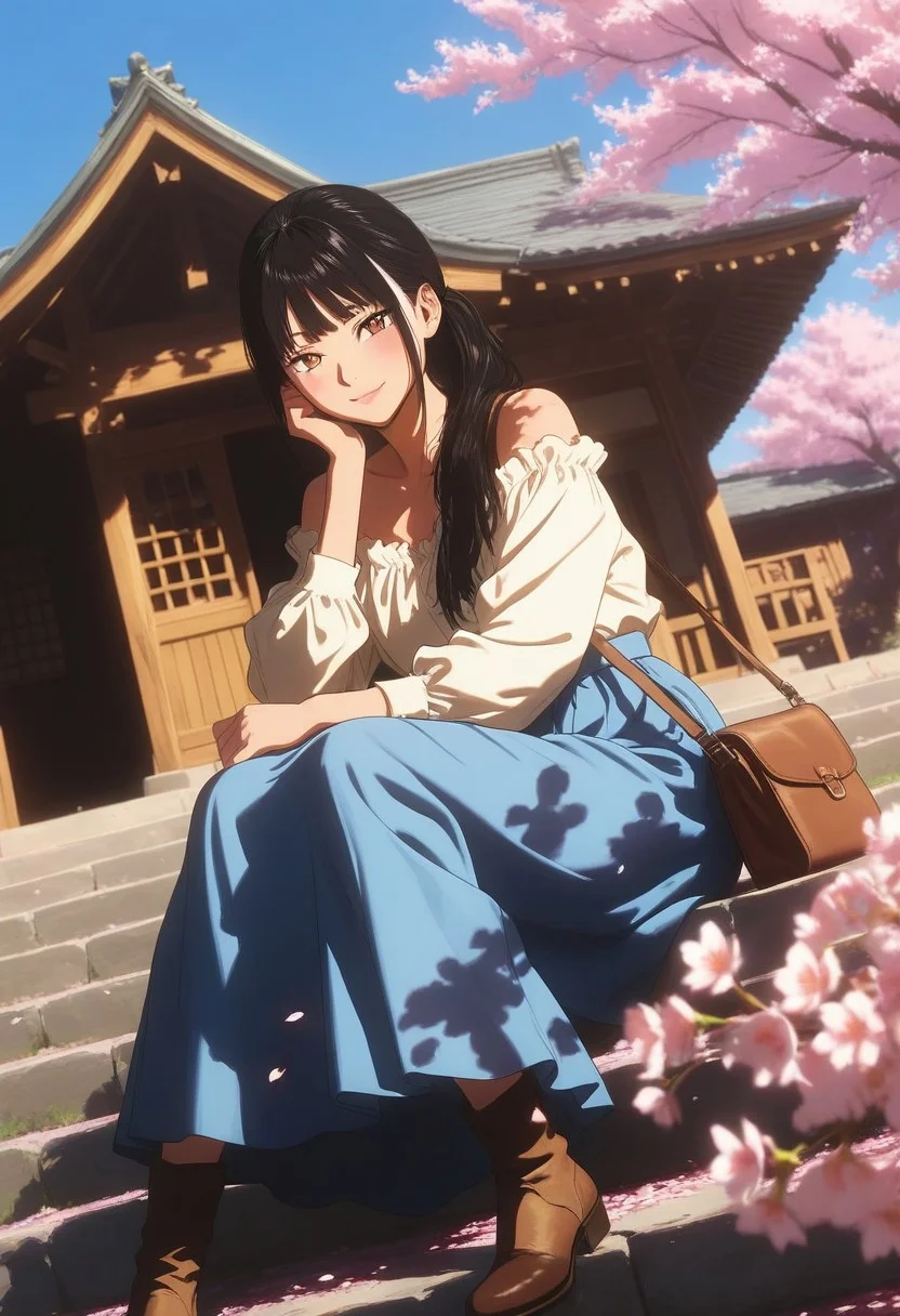 HDR, 8K, high contrast, masterpiece, best quality, amazing quality, very aesthetic, realistic, newest, volumetric lighting, from 45 degrees, dutch angle, 1girl,solo,black hair,bangs,Long hair, ponytail,soft,brown eyes,pupils, sitting on stone steps, hand resting on cheek, gentle smile, off-shoulder white blouse, long flowing skirt, sky blue skirt, brown leather boots, brown shoulder bag, cherry blossoms tree, cherry blossom petals, traditional Japanese wooden house, bright blue sky, warm and serene atmosphere, springtime setting, looking at viewer,depth of field, simple background