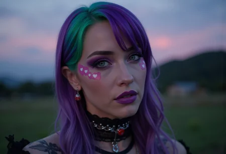 Gorgeous 35yo woman with purple and green gradient hair in elegant side-cut, deep-purple eyebrows, hot-pink checkers and hearts, bright grey eyes, neon-pink eye-shadow, intense glossy purple lipstick, perfect skin, dark brown-black gothic metal and leather choker, red dice earrings, wearing an engraved intricate gothic Harajuku style outfit with lace details, with a blurry background featuring dusk in Japanese country-side,
Extremely uncomfortably cringy, hyper-detailed hyper-maximalist dynamic style.
Intensely staring at the viewer.
Life-like details. Cinematic. Dramatic. Dynamic. Extremely refined lines and and shapes. Extremely refined details on objects. Sharp details. Wide range of colors. Many details everywhere. Ray-Tracing. Anti-Aliasing. Realistic soft shadows. Low saturation colors. Insane quality. Insane resolution. Insane details. Masterpiece. 32k resolution. Everything brought to the absolute extreme for a dramatic effect. Composition wallpaper-like, optimized for 16:9 vision, subject centered far from edges.
Remarkably NSFW.