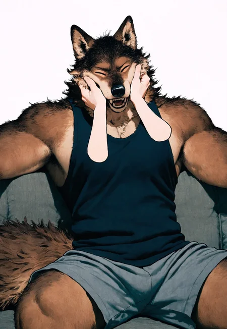 masterpiece, best quality, newest, very aesthetic, absurdres, very awa, mucknagabe, (ibsukionsen:0.4), ovopack, male focus, anthro, brown wolf, fluffy, broad shoulders, tank top, shorts, on sofa, closed eyes, cheek squish, hands on cheeks, teeth, disembodied arms, three quarter view