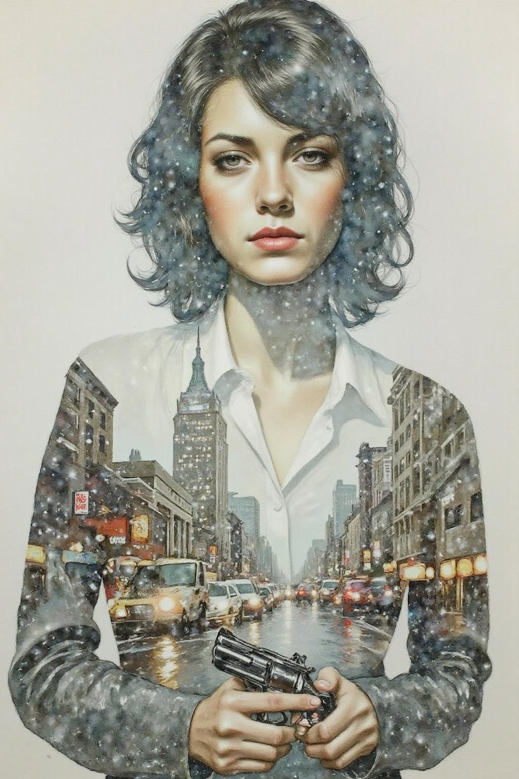 Portrait painting. a woman with dark, wavy hair and piercing eyes is standing. She is holding a small revolver with a delicate yet firm grip. Her face blends seemless with that a cityscape in the rain. <lora:doubleexpopainting1_cap_d6a3e13:1.0><lora:850324995694407193:0>