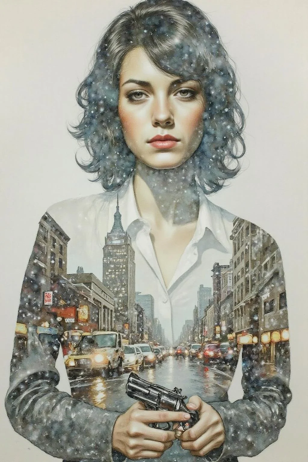 Portrait painting. a woman with dark, wavy hair and piercing eyes is standing. She is holding a small revolver with a delicate yet firm grip. Her face blends seemless with that a cityscape in the rain. <lora:doubleexpopainting1_cap_d6a3e13:1.0><lora:850324995694407193:0>