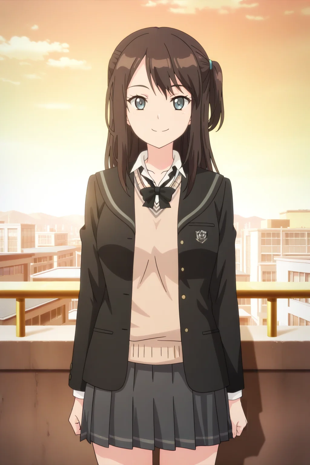 anime screenshot, tsuneki hikari, 1girl, solo, brown hair, long hair, one side up, blue eyes, medium breasts, school uniform, kibito high school uniform, black jacket, open jacket, brown sweater vest, white shirt, collared shirt, long sleeves, black bowtie, grey skirt, pleated skirt, looking at viewer, smile, cowboy shot, outdoors, rooftop, masterpiece, best quality, high quality, highres, absurdres, <lora: tsuneki_hikari_ILXL:0.9>