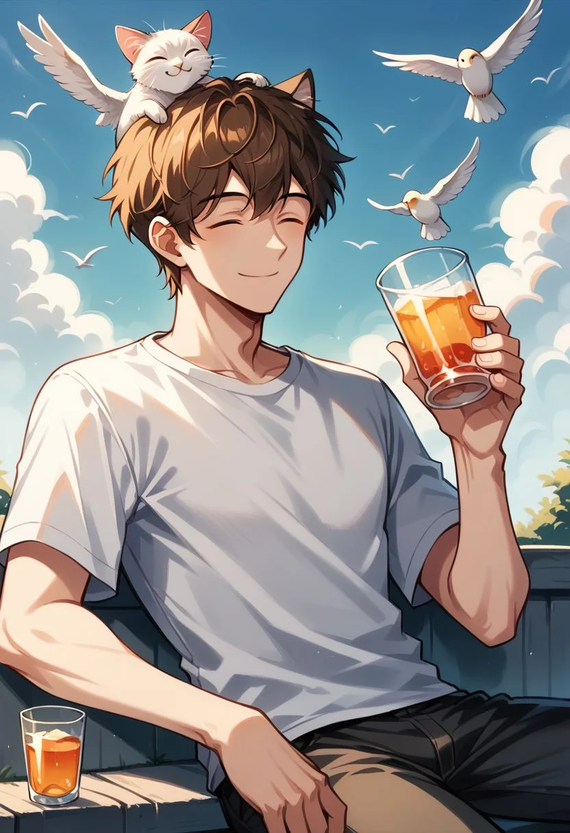 pastel style, 1boy, male focus, cloud, closed eyes, sky, holding, cat, animal on head, cup, on head, shirt, animal, holding cup, white shirt, smile, blue sky, day, short hair, sitting, cloudy sky, outdoors, pants, closed mouth, bird, drinking glass, short sleeves, drink, brown hair, solo, upper body, soft color, soft hues, chalk, pigment, pastel color, pastel pencil technique, soft color tones, pastel painting, pastel (medium), zPDXL