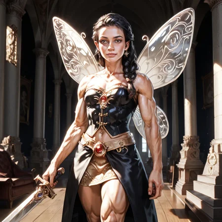 Action scene, detailed, photo realistic, hyper realistic, score_9, rating_safe, solo ((arch fey, violet eyes, (beautiful woman, white underbust corset, skirt, pants, sword belt, and holding a sword), (huge muscles, small petite breasts, muscular thighs, muscular biceps, muscular shoulders, toned abs), ((bronze metallic gold skin ral-polishedsteel)), (fairy wings), (long black hair))), (standing next to a multicolored crystal throne, in a detailed throne room filled with treasures, detailed lighting), hi res, hi quality, 4k, concept art, digital art, realistic, detailed background, lens flare, pixel art, piratical beauty, great lighting