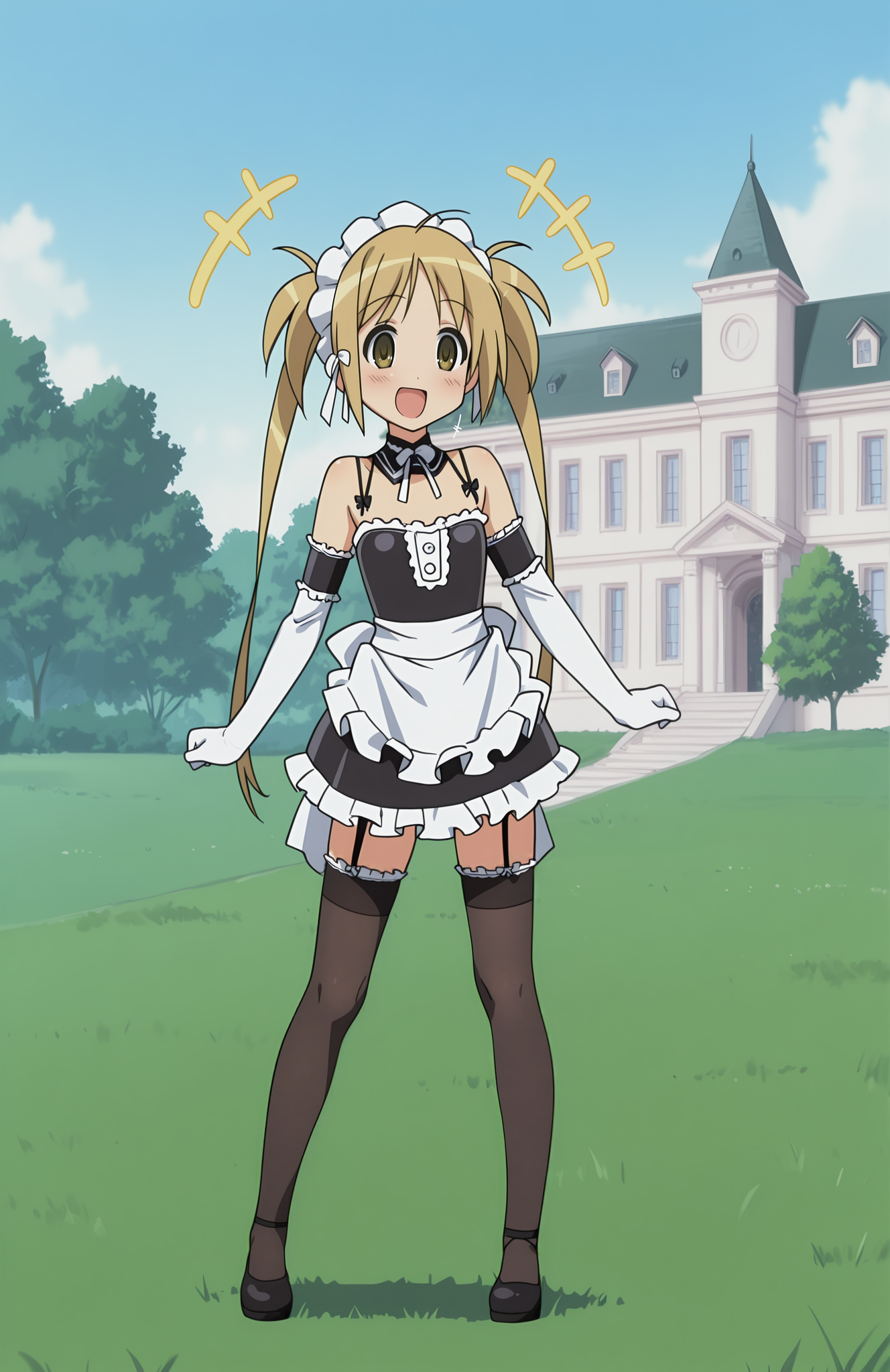 <lora:anatomy_helper:0.8> 1girl, solo, <lora:KoWaGo-IL:0.8> himm,
mitsuki, flat chest, twintails, yellow eyes, blonde hair,
koremaid, bare shoulders, elbow gloves, white gloves, detached collar, arm garter, garter straps, spaghetti strap, black thighhighs, frilled thighhighs, maid headdress, black footwear,
outdoors, mansion, grass, happy, +++, laughing, open mouth, :d,, extremely detailed, highres, masterpiece, best quality