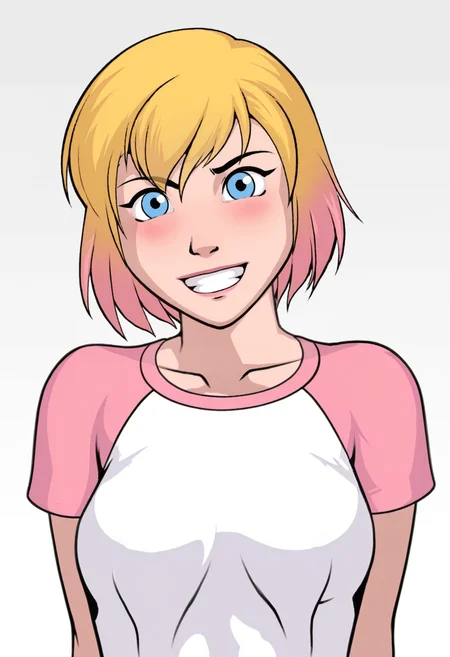 <lora:gwenpool_rle2-000048:1> gwenpool_rle, 1girl, solo, multicolored blonde and pink hair, blue eyes, white and pink t-shirt, pink and white shorts,  simple white background,  hands behind back, happy, nervous grin, front view, upper body, glancing aside, looking to side, blush, grin, raising eyebrow, quizzical,