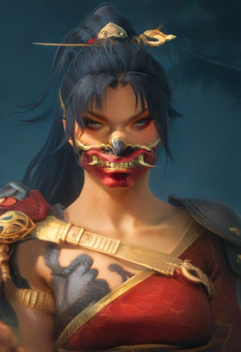 (score_9, score_8_up, score_7_up), score_6_up, best quality, masterpiece, extreme detail, perfect lighting, 4k, 2d, rating_explicit, nsfw, very detailed, best quality, highly detailed texture, depth of field, masterpiece, BREAK, 1girl, ChelXLP, chel, majestic,beautiful bright pupils, black hair, ((ponytail)),green earrings, cute face, (gorgeous face:1.3), (skin detail:1.3), (shadows:1.3), (sweat, steamy, oily, shiny:1.3), ((( long hair, large breasts,perfect body, thick thighs,
mask, armor, solo, gloves, shoulder armor, weapon, hair stick, fingerless gloves, hair ornament, long hair,ponytail, the skull merchant,
 fantasy, solo focus,epic, concept art, realistic, highly detailed, upper body, looking at viewer ))),dark skin, looking at the viewer, detailed, intricate details, realistic,((( top view))), tan skin,cowboy shot,csr style,g4n1m3,Sculpted grace