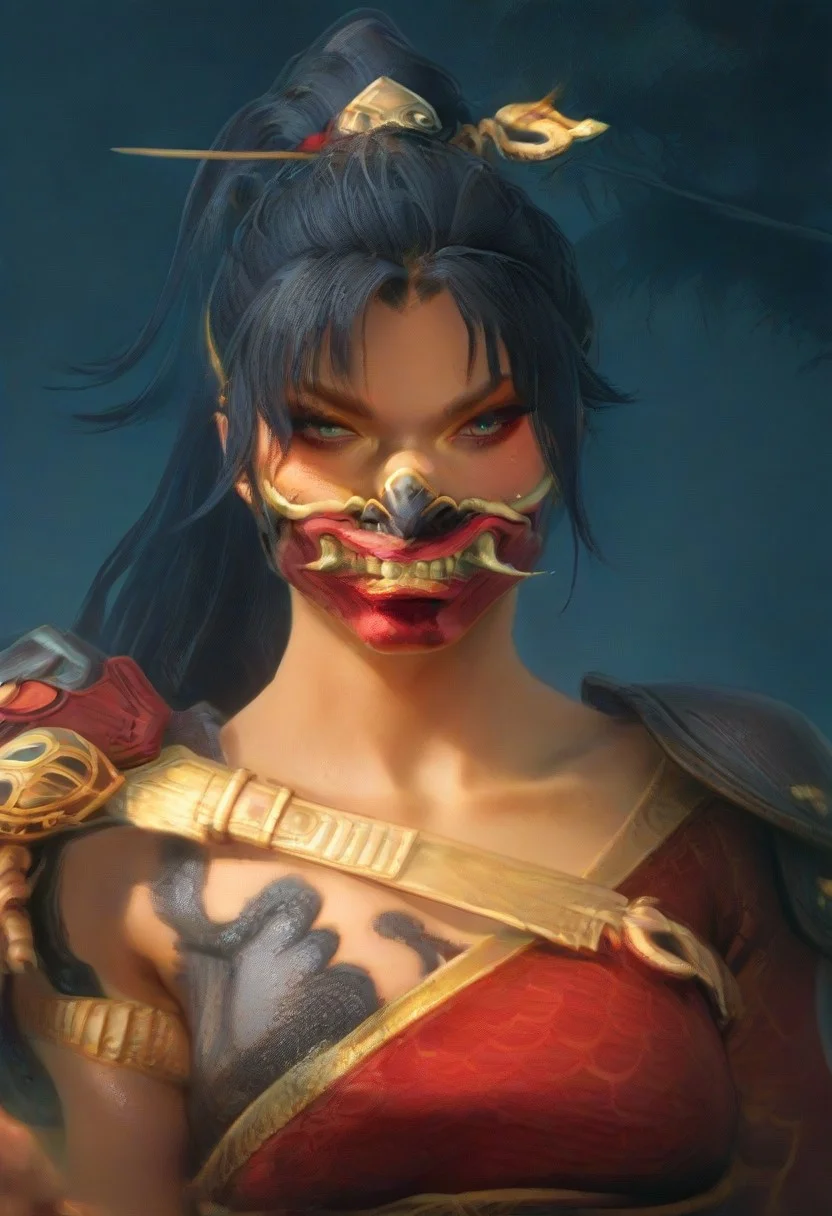 (score_9, score_8_up, score_7_up), score_6_up, best quality, masterpiece, extreme detail, perfect lighting, 4k, 2d, rating_explicit, nsfw, very detailed, best quality, highly detailed texture, depth of field, masterpiece, BREAK, 1girl, ChelXLP, chel, majestic,beautiful bright pupils, black hair, ((ponytail)),green earrings, cute face, (gorgeous face:1.3), (skin detail:1.3), (shadows:1.3), (sweat, steamy, oily, shiny:1.3), ((( long hair, large breasts,perfect body, thick thighs,
mask, armor, solo, gloves, shoulder armor, weapon, hair stick, fingerless gloves, hair ornament, long hair,ponytail, the skull merchant,
fantasy, solo focus,epic, concept art, realistic, highly detailed, upper body, looking at viewer ))),dark skin, looking at the viewer, detailed, intricate details, realistic,((( top view))), tan skin,cowboy shot,csr style,g4n1m3,Sculpted grace