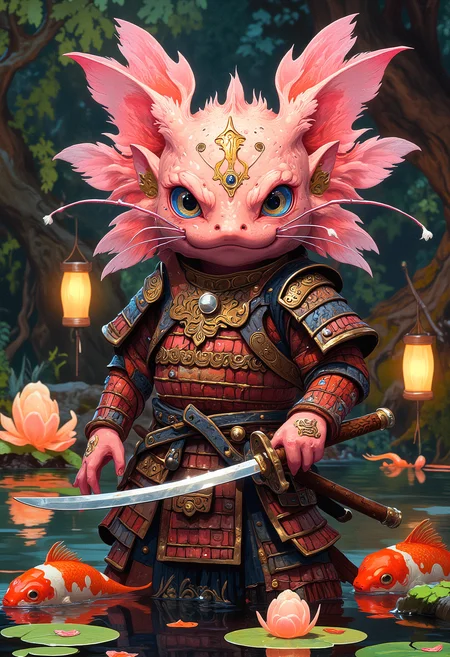 Axolotl Samurai, A pink and gold axolotl with its feathery gills flaring outward, eyes burning with determination. It wears a polished samurai helmet, its ornate armor reflecting the soft glow of floating lanterns in a tranquil koi pond. A katana rests in its webbed hand, ready for battle.
