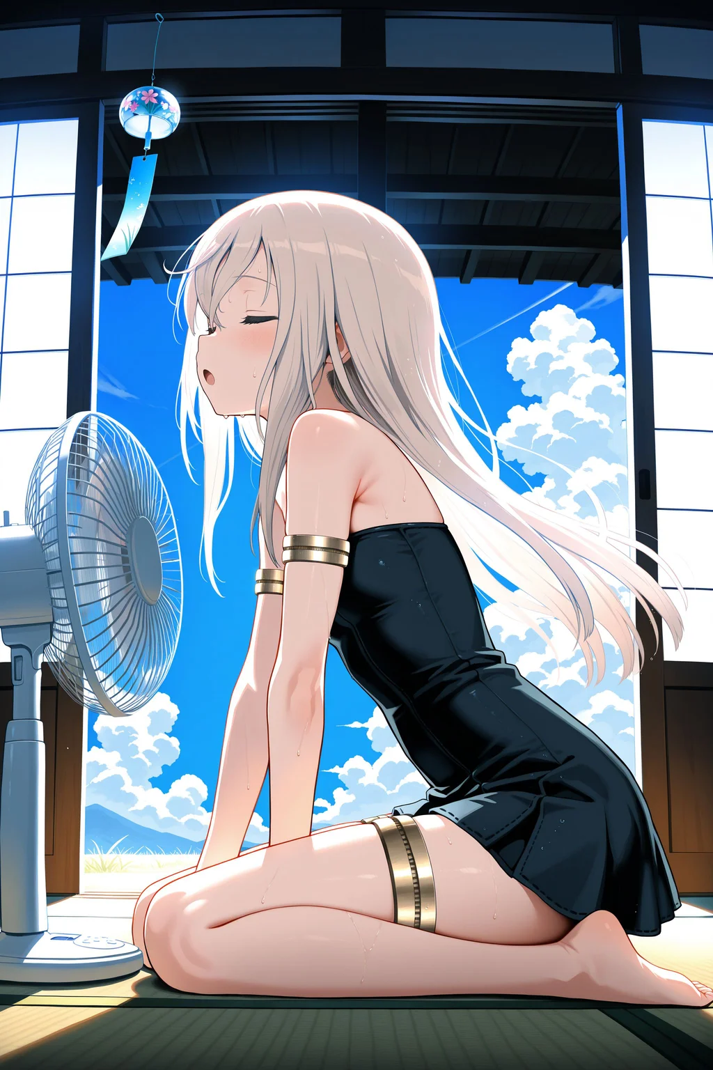 (masterpiece, best quality:1.2), amazing quality, very aesthetic, absurdres, perfect detail,
indoors, shoji, tatami, wind chime, electric fan, cumulonimbus cloud, from side,
wariza, all fours, closed eyes, open mouth, :o, sweat, wet,
solo, u-511 \(pump\), no headwear, black dress, short dress, strapless dress, bare shoulders, bare legs, bare foot, armlet, thighlet,
<lora:XL_Ill_kancolle-u511(pump)-t2:0.9>