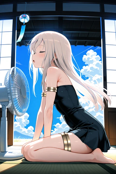 (masterpiece, best quality:1.2), amazing quality, very aesthetic, absurdres, perfect detail,
indoors, shoji, tatami, wind chime, electric fan, cumulonimbus cloud, from side,
wariza, all fours, closed eyes, open mouth, :o, sweat, wet,
solo, u-511 \(pump\), no headwear, black dress, short dress, strapless dress, bare shoulders, bare legs, bare foot, armlet, thighlet,
<lora:XL_Ill_kancolle-u511(pump)-t2:0.9>