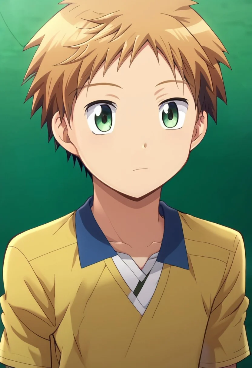 blond hair, short hair, bangs, green eyes, young man, 1boy, solo, solo focus, (kenji's hair:1.1), (tomohito's body:1.20)