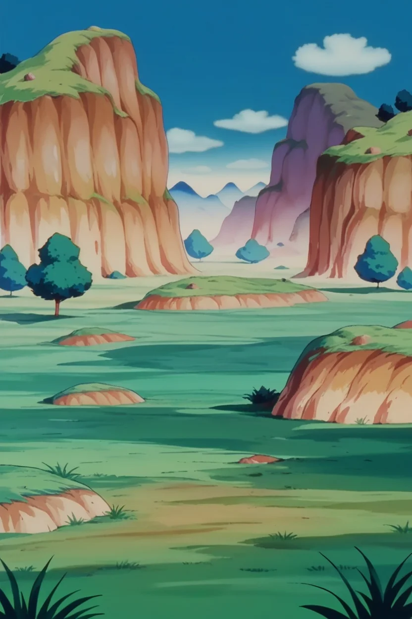 score_9, score_8_up, score_7_up, score_6_up,source_anime, BREAK break wasteland,brown ground,retro artstyle,outdoors, grass, tree,blue sky,plateau,mountain,bush   <lora:BreakWastelandPony:1>