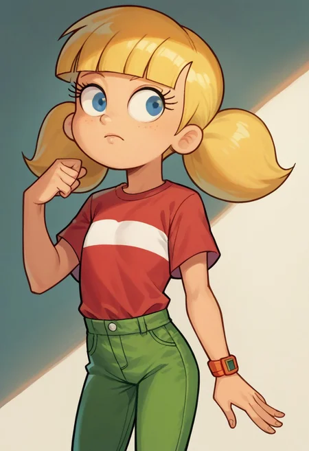score_9, score_8_up, score_7_up, solo, 1girl, penny \(inspector gadget\), solo, blonde hair, twintails, blunt bangs, blue eyes, flat chest, red shirt, red shirt, striped shirt, stripe, white stripe, green pants, wristwatch, fairlyoddparents