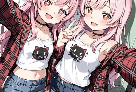 lazypos, girl focus, pink hair, multiple girls, long hair, denim, fang, virtual youtuber, pants, open mouth, jeans, head out of frame, v, shirt, 2girls, breasts, plaid jacket, choker, white shirt, tank top, smile, midriff, jacket, black choker, selfie, arm up, +_+, collar, white tank top, blush, samnstyle