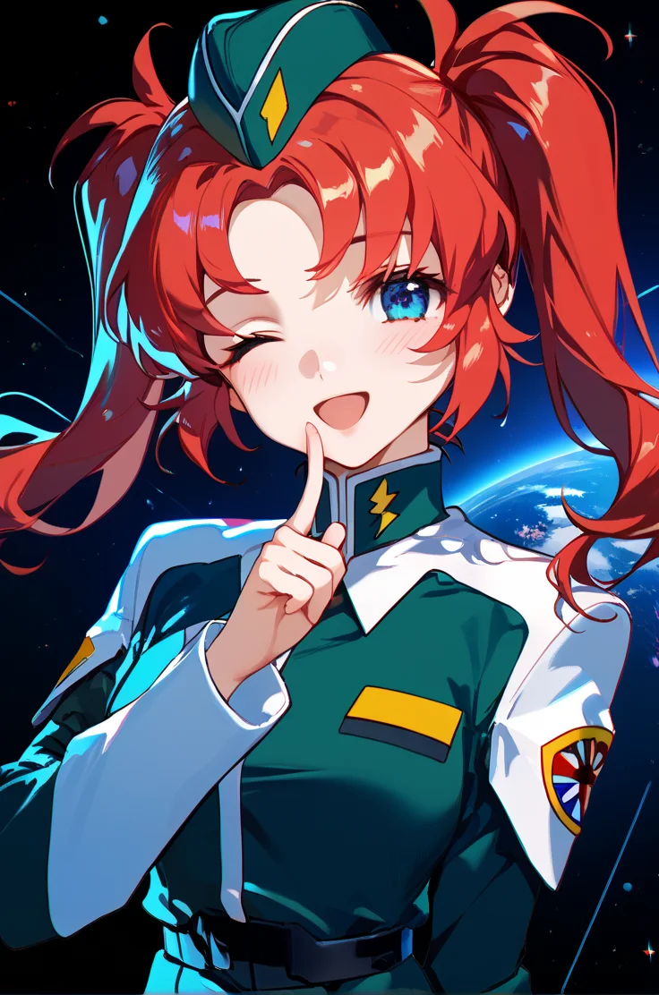 score_9, score_8_up, score_7_up, source_anime, detailed,
space, sci-fi environments,
cowboy shot, upper body, face close up,
finger up,
medium breasts,
blush, wink, open smile,
<lora:meyrin_autismConfetti_v02:1>
red hair, blue eyes, green military uniform, twintails, parted bangs, sidelocks, long sleeves, meyrinbase, garrison cap, zPDXL