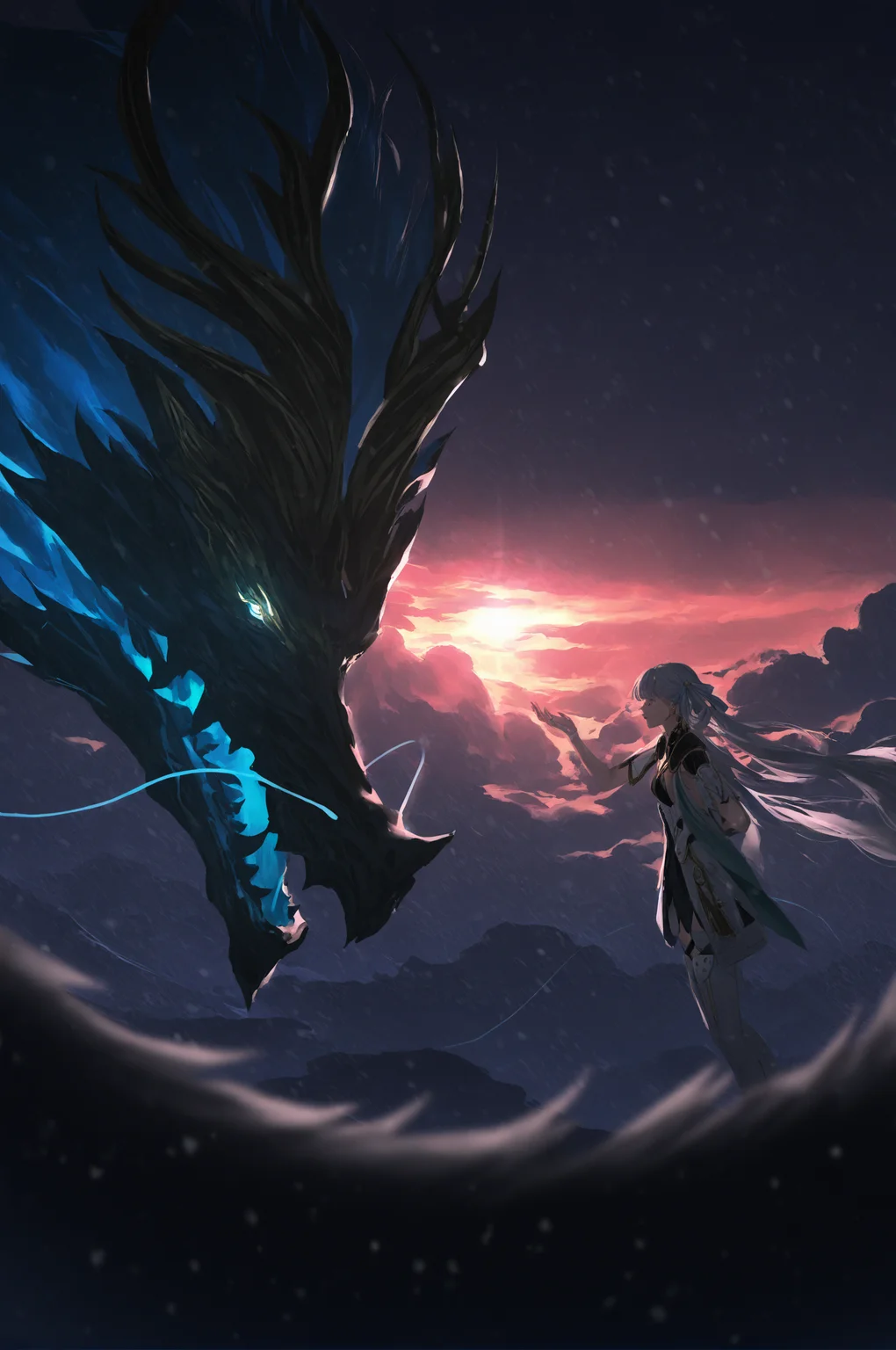 jue \(wuthering waves\),eastern dragon, jinhsi \(wuthering waves\), fajyobore, nixeu, [[[wlop]]], 1girl, arm behind back, black dress, dusk, boots, bow, breasts, closed mouth, coat, large dragon, dress, from side,hair bow, hand up, jewelry, sunlight penetrate, long hair, {looking at another,face to face}, mole, mole on cheek, multiple rings, outdoors, snowing, white thigh boots, very long hair, white bow, white coat, white eyelashes, white eyes, {depth of field,blurry foreground, sunset, contrast, cloud, dragon surrounding, glowing, backlighting}, glowing eyes, white hair, wuthering waves,{very awa},masterpiece,best quality,highres,newest, <lora:jinhsi_vpre9-000006:1>