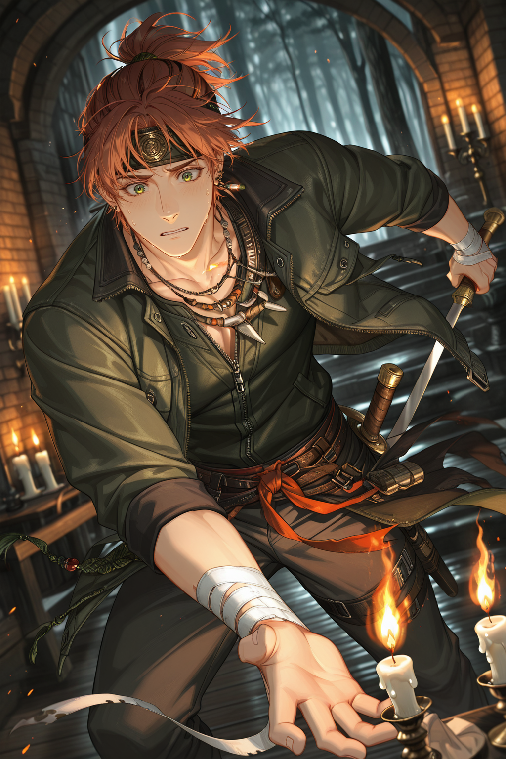<lora:jesse-IL:0.8>,jesse, green eyes, jewelry, male focus, pants, earrings, holding, jacket, necklace, weapon, ponytail, bandages, candle, headband, worried, fire, outstretching arm, 1boy, green hair, solo,bara,male focus,very awa,masterpiece,best quality,amazing quality,nsfw,uncersored,highres,best quality,amazing quality,best aesthetic,absurdres,