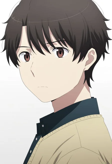 high resolution, solo, best quality, 1Boy, Inaho Kaizuka, Black Hair, Brown Eyes, potrait, dark shirt, looking at viewer, focused gaze forward, simple background, straight body, upper body, head upright, jealousy, OverallDetail