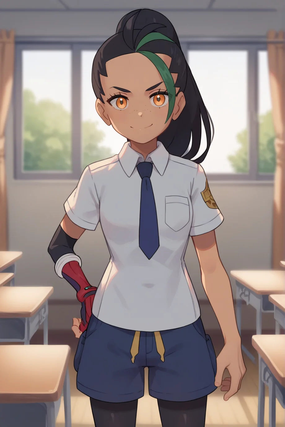 score_9, score_8_up, score_7_up, score_6_up, score_5_up, score_4_up, BREAK source_anime, 1girl, solo,
<lora:PokemonNemonaXL-v1-06:0.7>, ChopioNemona, black hair, green hair, streaked hair, ponytail, long hair, eyelashes, orange eyes, freckles, looking at viewer,
outfit_2, grey shirt, collared shirt, dark blue necktie, short sleeves, breast pocket, red elbow glove, fingerless glove, single elbow glove, dark blue shorts, legwear under shorts, black leggings,
school, classroom, sliding doors, standing, smile,