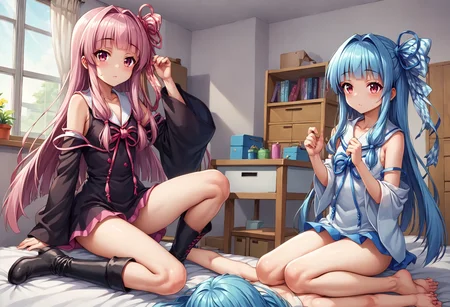 (nsfw),(Uncensored), score_9, score_8_up, score_7_up, source_anime, BREAK
2girls, sisters, side by side, kotonoha akane, kotonoha aoi, blue hair, pink hair, black dress, white dress,
<lora:Kotonoha_MMD_Pony_V1:0.85>KotonohaMMD, pink eyes, long hair, bangs, blunt bangs, sidelocks, very long hair, hair intakes,hair ribbon, ribbon, hair ornament, hair tie, yagasuri, dress,sleeveless, bare shoulders, collared dress, wide sleeves, long sleeves, zettai ryouiki, thighhighs, thighhighs under boots, knee boots,
sitting, upper body, mirror, door, window, television, computer, chair, table, girls room,