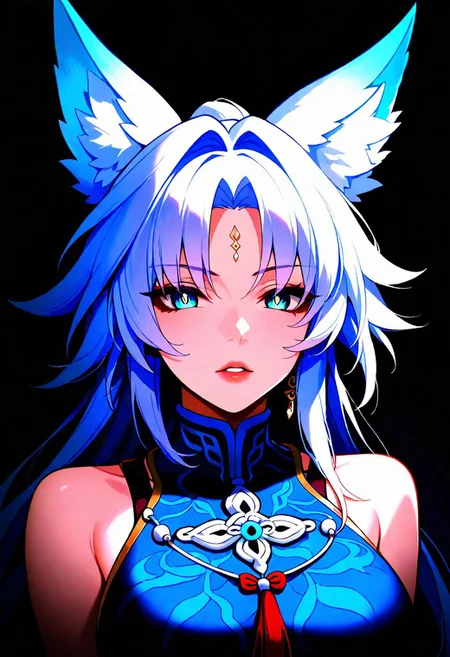, lips, thin lips, parted lips, solo, looking at viewer, pleated dress, upper body, dark, underlightling, masterpiece, best quality, very aesthetic, 1girl,feixiao_(honkai_star_rail),animal_ears,fox_ears,
