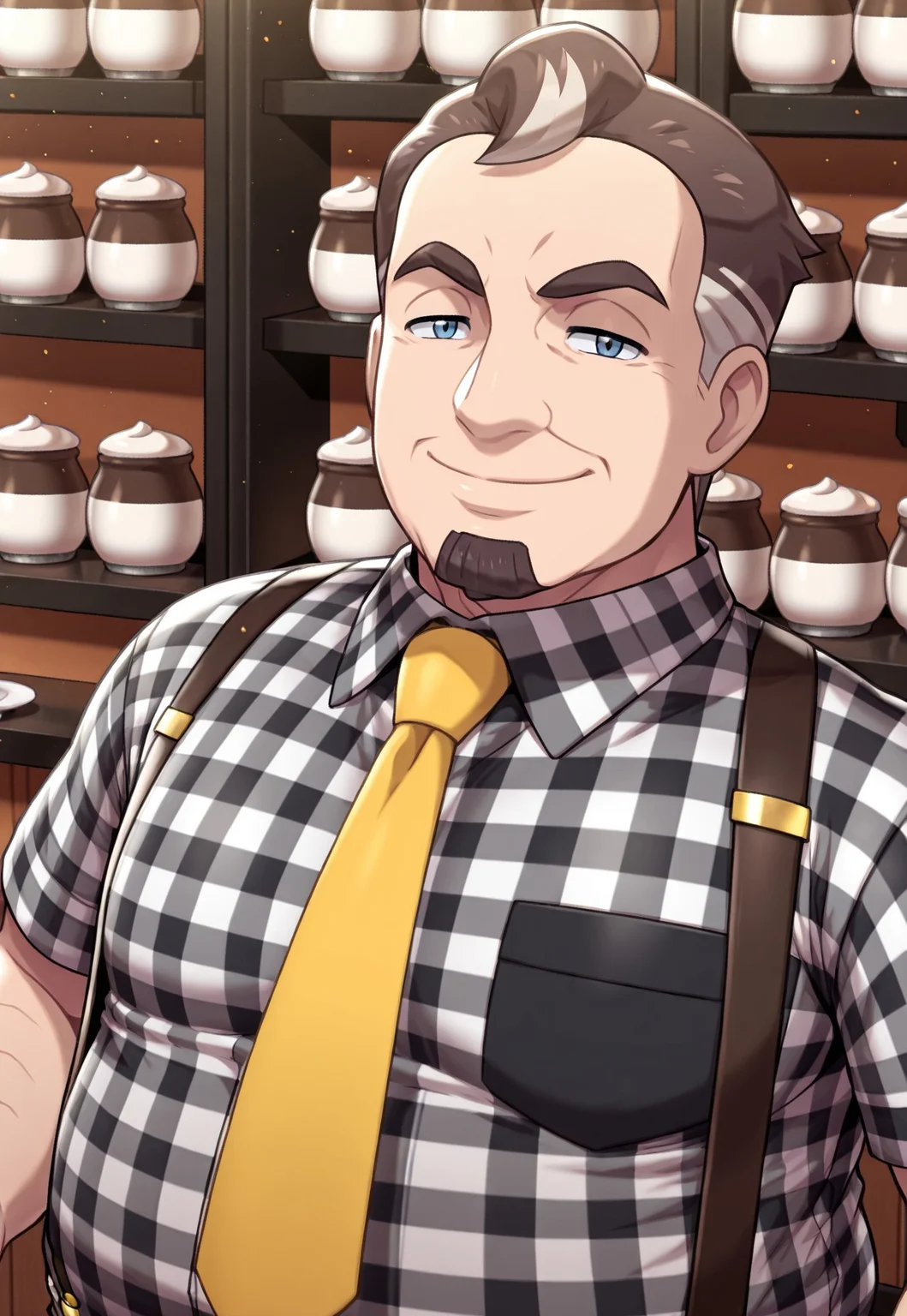 solo, masterpiece, modern, new, 1boy, male, masculine face, daddy looking face, w0lfc0nf
PokeCafeMaster, short hair, goatee, suspenders, collared shirt, yellow necktie, headshot, looking at viewer, smiling, cafe background, chubby, zoomed in, face focus