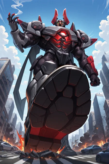 1boy,bara,muscular male,stubble,black hair,
green eyes,large pectorals,short hair,muscular male,breath BREAK
cityscape,city destruction,mass destruction,fire,smoke,crosswalk,bridge,buildings,blue sky,cloud,smoke,vivid color,imminent stomp,shoe sole,perspective,from below BREAK
giant male,1giant,building size BREAK
solo,mecha,mecha cape,glowing,project-mordekaiser,smoke trail,
very awa,masterpiece,best quality,absurdres,newest,perfect quality,
(masterpiece, best quality, high quality, absurdres, high detail,scenery),