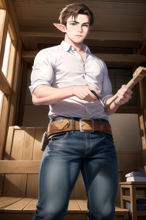 (masterpiece, intricate:1.3), (best quality, hires textures, high detail:1.2), (4k) 1boy, male, man, elf ears, medium hair, brown hair, green eyes, jeans, flannel shirt, toolbelt, holding hammer, making a wooden sofa set,